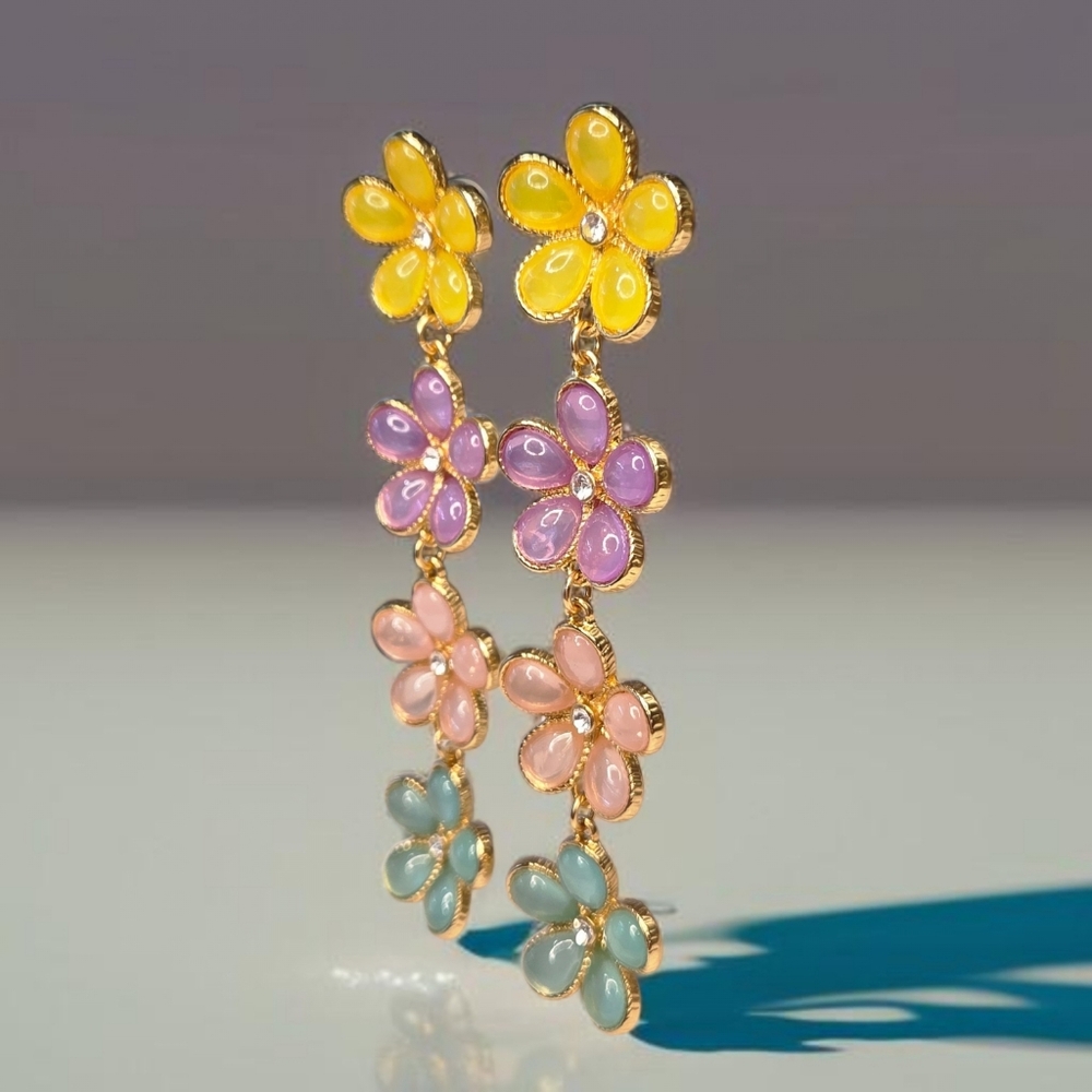 18k Gold Plated Pastel Cabochon Crystal Spring Flower Earrings - Picture 3 of 6